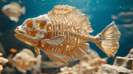 Ethereal underwater vision: skeletal fish form gracefully floating in deep blue