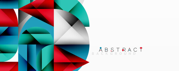 Modern abstract composition with layered circles and angular segments featuring gradients, transparency effects, and a structured geometric layout