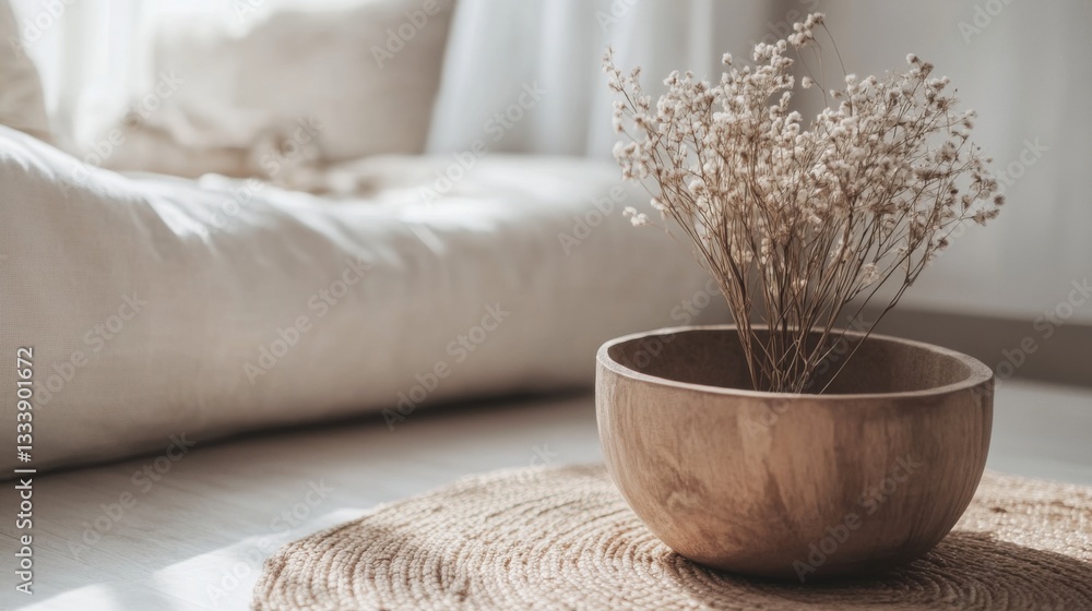 Poster natural materials create warmth in minimalist spaces.