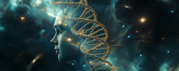 Glowing DNA Double Helix with Embracing Couple Silhouette in Space – Cinematic Light Blue & Indigo Galaxy-Themed Sci-Fi Artwork