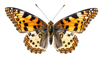 A butterfly with orange and black wings is flying in the air