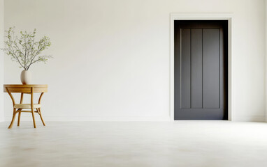 Minimalist interior design featuring a wooden table and black door with a vase