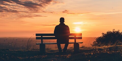Obraz premium A man sitting on a bench in nature outdoor sunset silhouette on hill chill lonely.