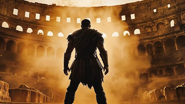 A gladiator stands proudly in the Colosseum at sunset, showcasing bravery