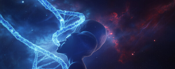Glowing DNA Double Helix with Embracing Couple Silhouette in Space – Cinematic Light Blue & Indigo Galaxy-Themed Sci-Fi Artwork