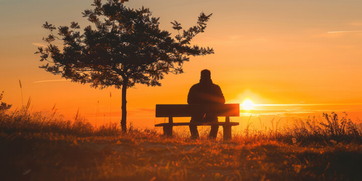 A man sitting on a bench in nature outdoor sunset silhouette on hill chill lonely under tree. - Powered by Adobe