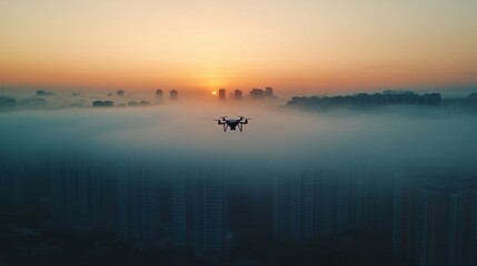 Drone flying over a foggy cityscape during sunset