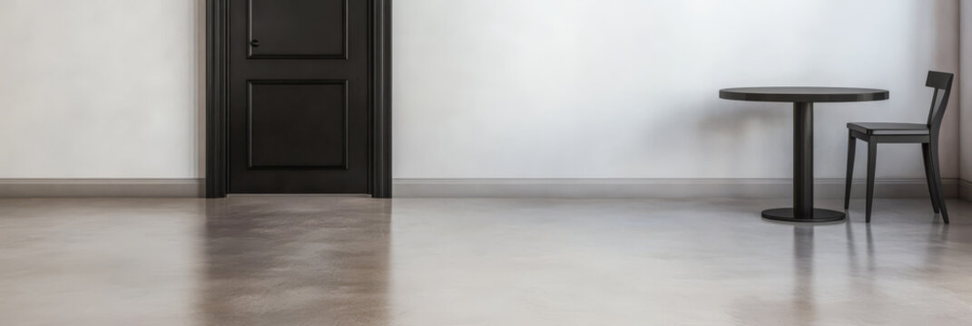 Minimalist interior design featuring a black door a round table and a chair in a spacious room