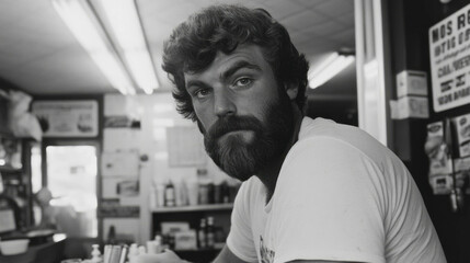 Retro 1970s barber shop scene with tough toned portrait