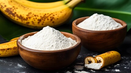 Fototapeta premium Organic Banana Flour in Wooden Bowls with Ripe Bananas