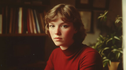 1970s portrait of a serious woman teacher in a classroom setting