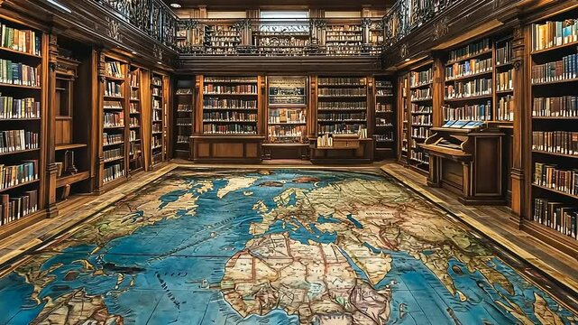 A grand library interior featuring wooden shelves filled with books and a detailed world map carpet