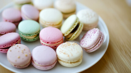 Obraz premium Delightful assortment of colorful macarons on a plate for dessert enjoyment