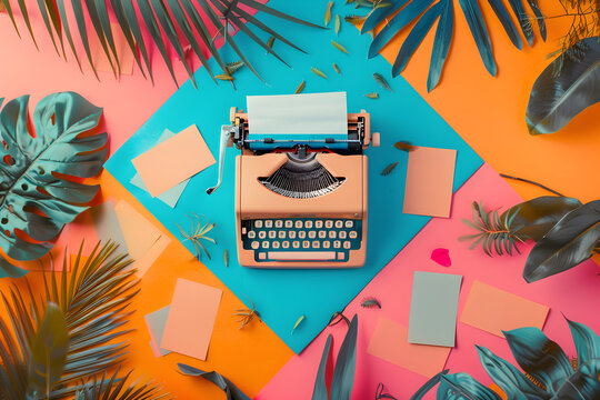 Vintage Typewriter Amidst Vibrant Colors and Greenery: A Blend of Nostalgia and Modern Aesthetics