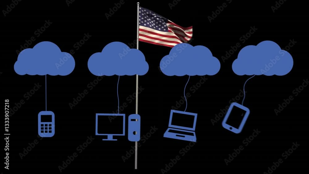 Poster american flag background with cloud icons connecting to devices in animation style
