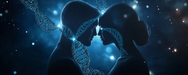 Glowing DNA Double Helix with Embracing Couple Silhouette in Space – Cinematic Light Blue & Indigo Galaxy-Themed Sci-Fi Artwork