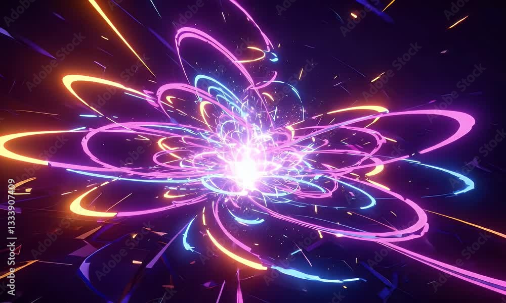 Poster artistic video captures a dynamic slow-motion energy eruption in vivid neon tones with glowing spark
