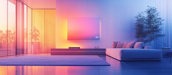 Modern living room with sunset view, colorful wall art, and minimalist furniture.