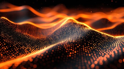 A pulsating, futuristic wave of digital particles, forming a point wave, fills the frame, a vibrant backdrop for technology, rendered in a vector illustration.