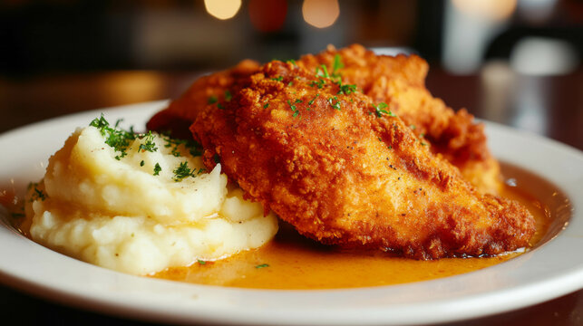 Delicious chicken kyiv with crispy coating and mashed potatoes on plate