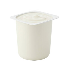 Plain creamy yogurt in a white container, isolated on white background