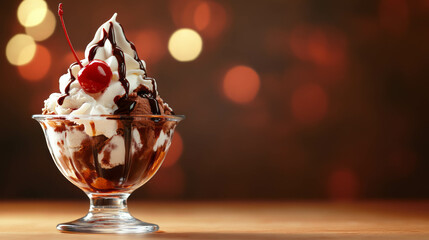 Creamy ice cream sundae with cherry and chocolate syrup in glass bowl