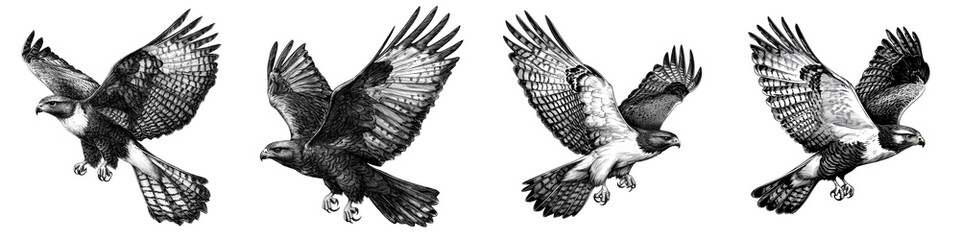 Fototapeta premium Series of dynamic black and white depicting the powerful and majestic flight of a falcon showcasing the bird s elegant movements and impressive soaring abilities