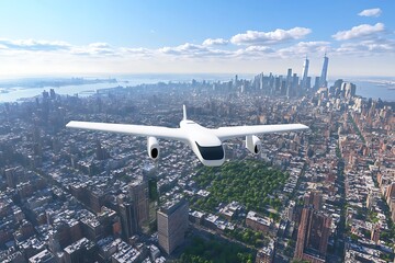Drone flies over New York City, high view, urban landscape, blue sky background