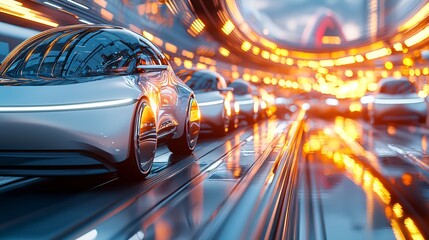 self-driving car with Autonomous car and taxi concept. Futuristic Electric Cars in Neon Cityscape Night