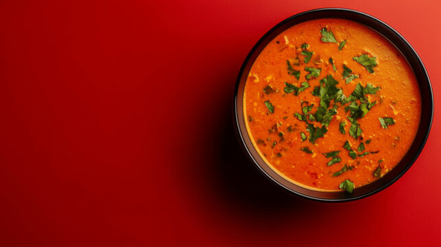 Delicious zupa pomidorowa in bowl with fresh herbs on red background