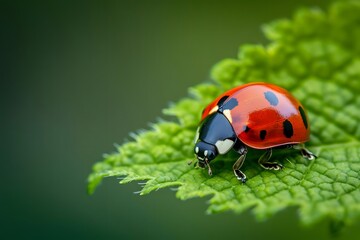 Fototapeta premium Ladybug Crawls on Vibrant Green Leaf. Close-Up View of Insect. Detailed Texture and Color. Beautiful Details of Nature's Wonders. Exploring Tiny Worlds. Magnifying Insect Beauty. 
