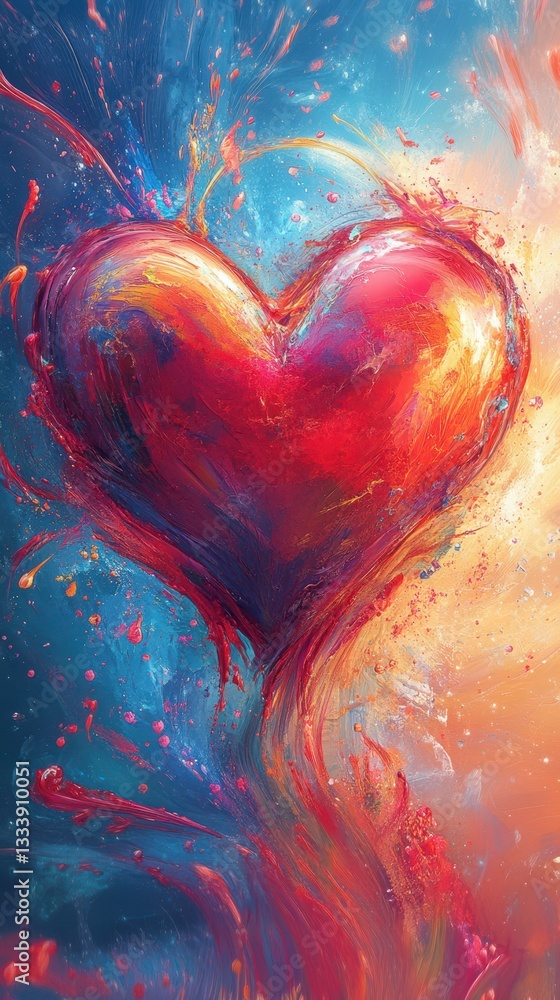 Poster heart-shaped abstract artwork depicting vibrant colors swirling together in a dynamic display of emo