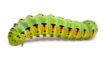 A green caterpillar with red spots on its head and body