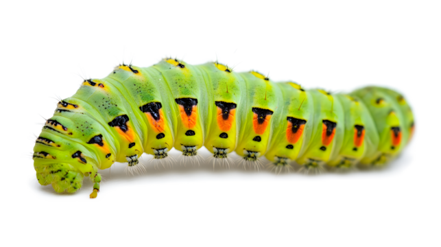A green caterpillar with red spots on its head and body