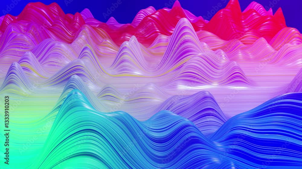 Poster curvy digital landscape: 4k motion loop. smooth, undulating landscape with dynamic curves and flowin