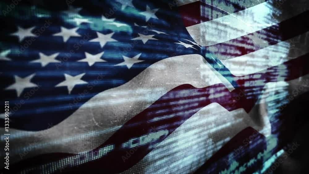 Poster animation of american flag with digital data patterns overlaying stars and stripes