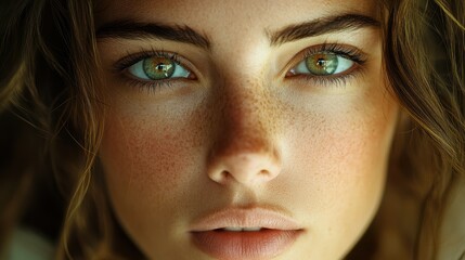 Fototapeta premium A close-up portrait of a woman, her face illuminated by soft light, revealing her gentle features and captivating eyes.