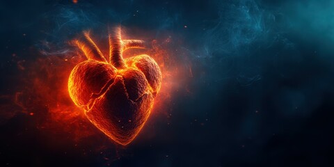 Realistic glowing heart design with glowing cracks against a dark smoky background