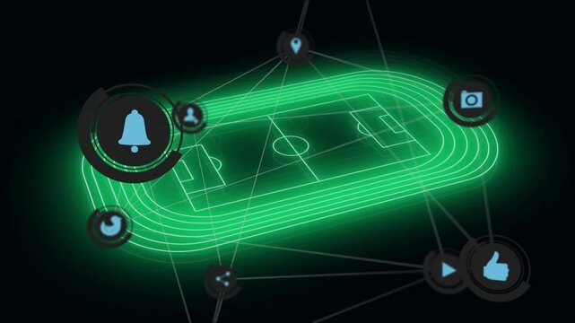 Animation overlay of digital icons and network on neon green soccer field