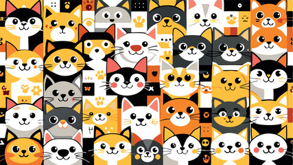 Obraz premium A mosaic pattern of many charming cat faces. Each cat is unique in color, facial expression and fur texture.