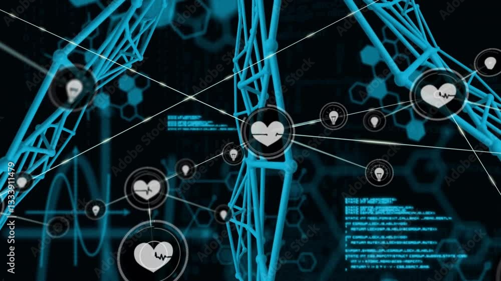 Poster network of heart icons and data processing animation over blue digital structures