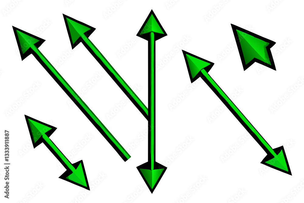 Aufkleber a collection of nine 3d green arrows with unique shapes and directions arranged in a grid on a white