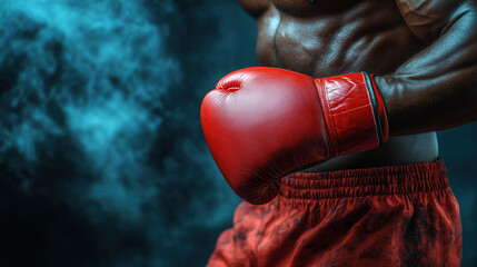 Close up of muscular man wearing red boxing gloves and red shorts, ready to fight