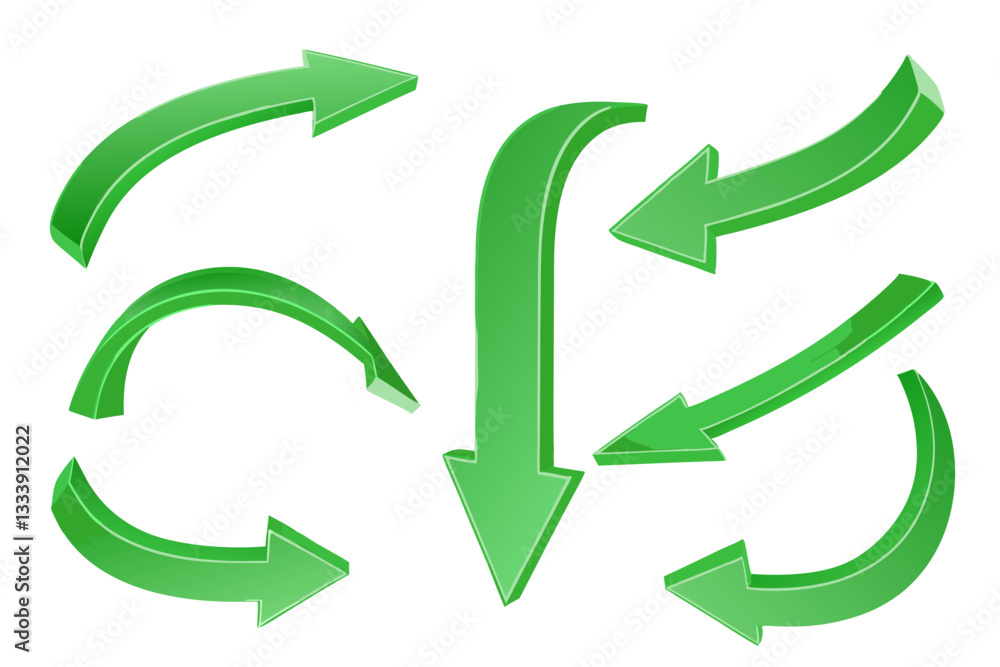 Poster dynamic 3d green arrows pointing in multiple directions with shading and perspective. set of arrows