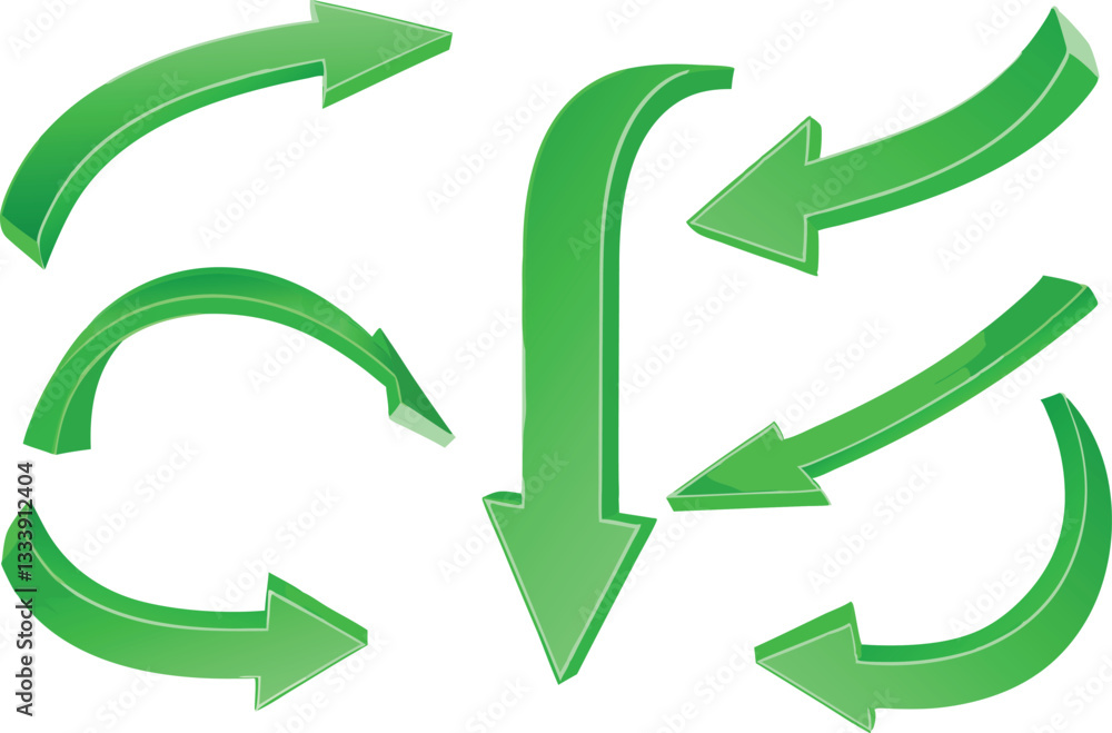 Poster dynamic 3d green arrows pointing in multiple directions with shading and perspective. set of arrows