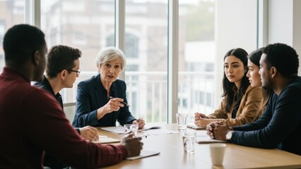 Diverse group of business professionals in a meeting with a woman speaking. Colleagues engage in a collaborative discussion in a modern conference room.
