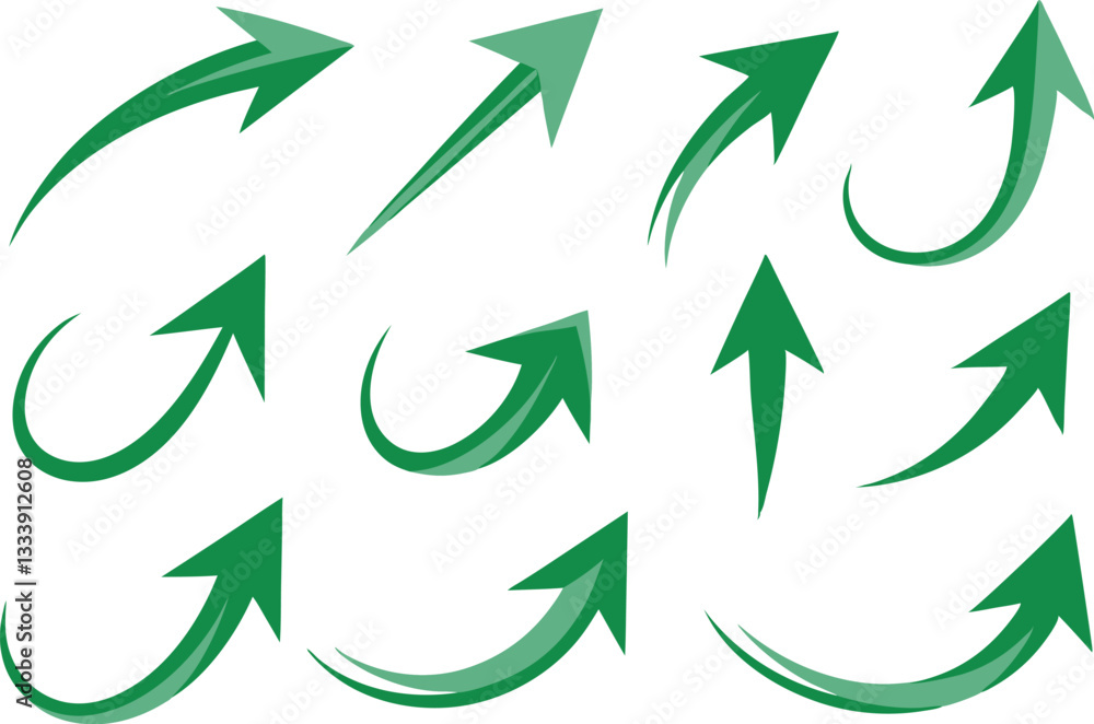 Poster nine 3d green arrows pointing in various directions with shading and perspective for a dynamic float