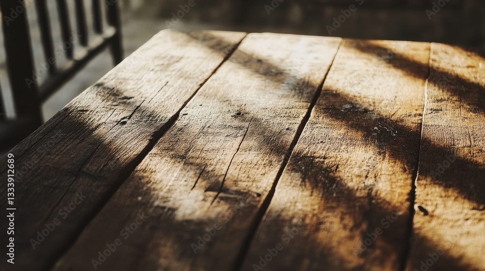 Poster rustic wooden table with natural light and shadow patterns