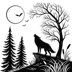 Wolf Silhouette in a Mystical Forest Landscape with Moon and Birds