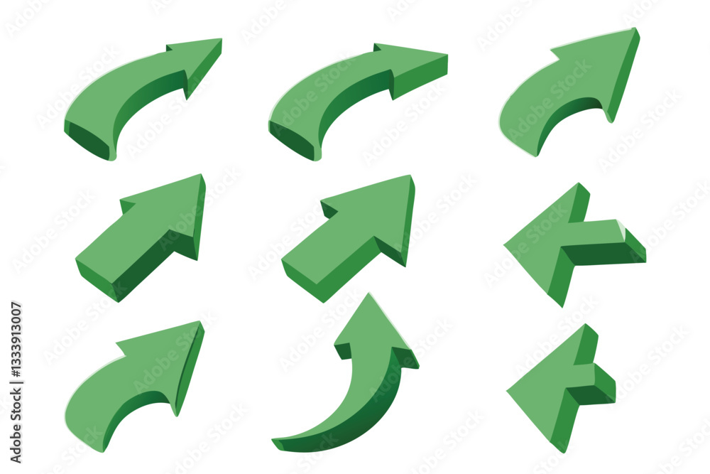 Poster dynamic 3d green arrows with curved and straight designs in a grid layout. recycling symbol on white